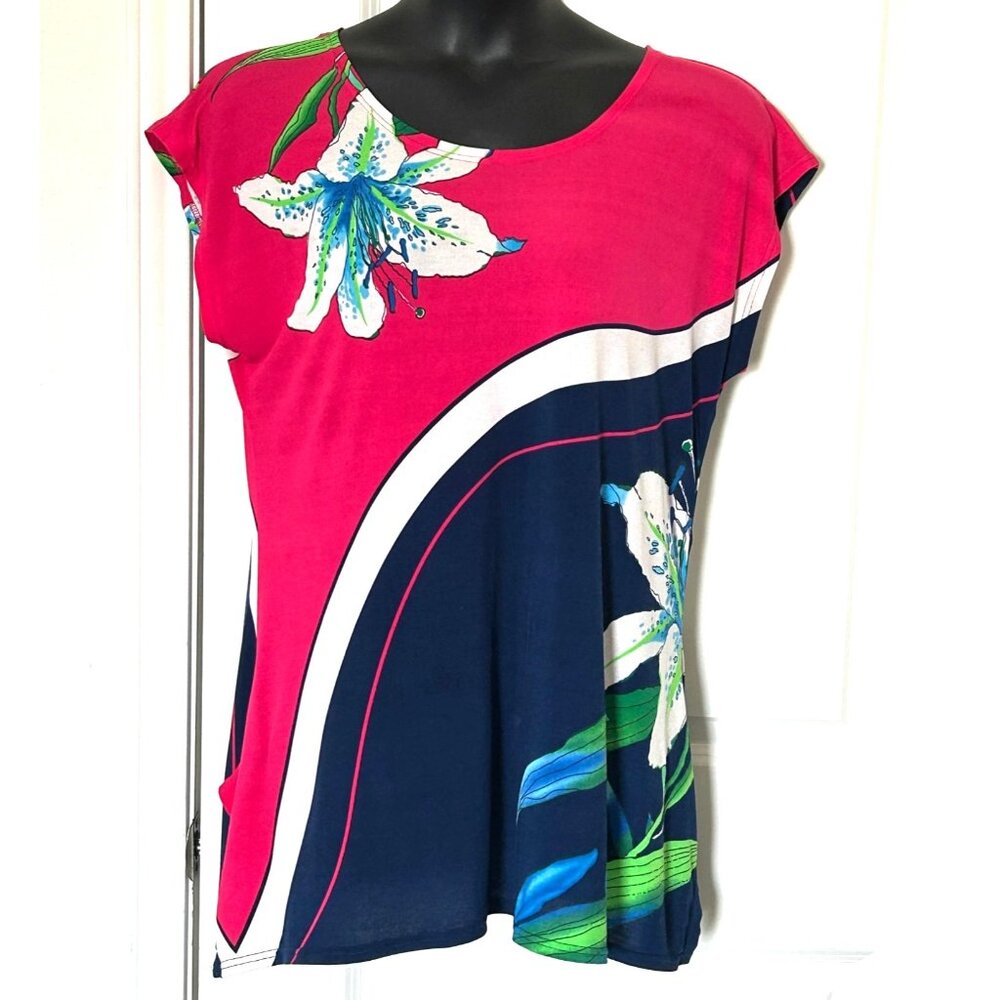 Floral Print Short Sleeve Tunic Top With Scoop Neck